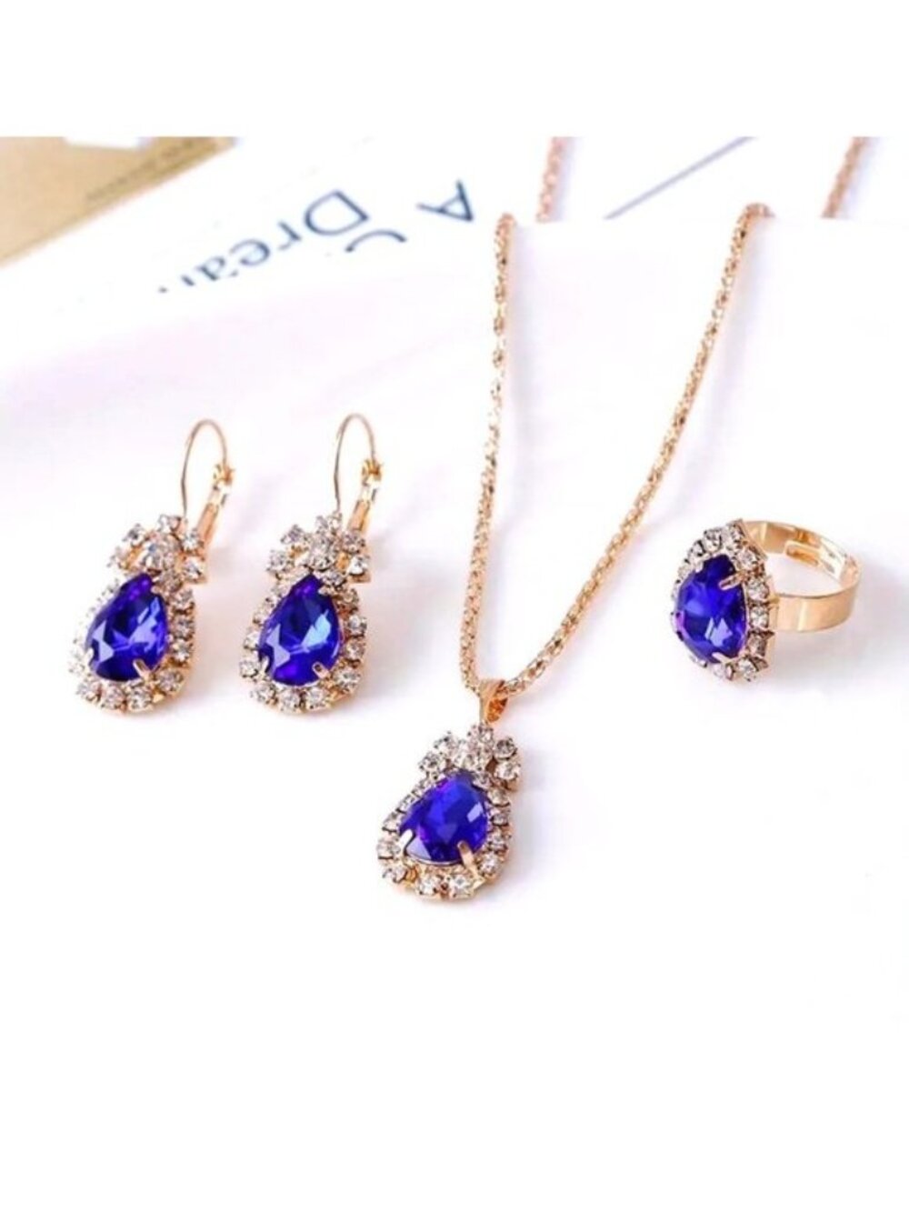 Necklace Earrings Ring Blue Rhinestones 4pc Set Pear Hollywood Glam Stylish Gift